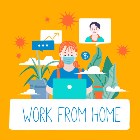 Work from home during outbreak of the COVID-19 virus. People work at home to prevent virus infection. Vector Illustrationのイラスト素材