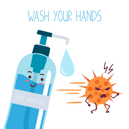 Hand wash gel vector. Hand wash gel character design. Hand wash gel and Bacteria, vector illustration.のイラスト素材