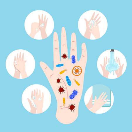 6 steps to properly wash your hands. Flat design modern vector illustration concept. Vector illustration.のイラスト素材