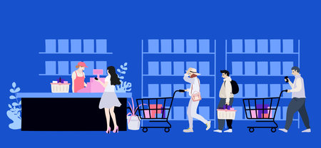 Collection of people carrying shopping purchases in shop.のイラスト素材