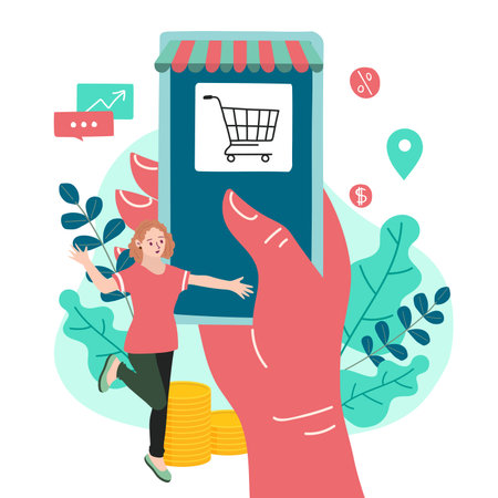 Shopping Online on Website or Mobile Application Vector Concept Marketing and Digital marketing.のイラスト素材