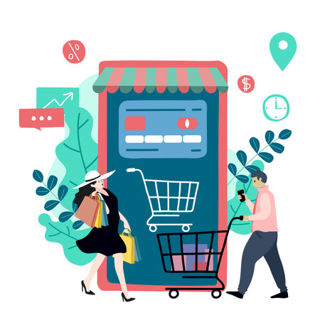 Shopping Online on Website or Mobile Application Vector Concept Marketing and Digital marketing.のイラスト素材