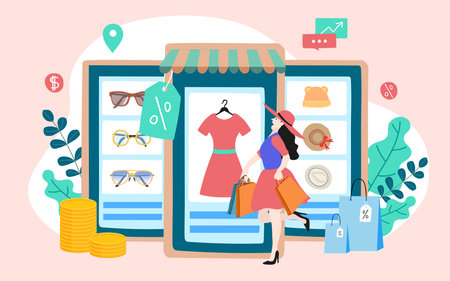 Shopping Online on Website or Mobile Application Vector Concept Marketing and Digital marketing.のイラスト素材
