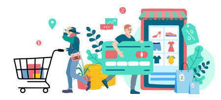 Shopping Online on Website or Mobile Application Vector Concept Marketing and Digital marketing.のイラスト素材