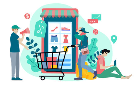 Shopping Online on Website or Mobile Application Vector Concept Marketing and Digital marketing.のイラスト素材