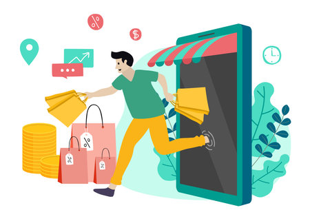 Shopping Online on Website or Mobile Application Vector Concept Marketing and Digital marketing.のイラスト素材