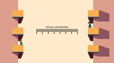 Social distancing, keep distance with people in public places to stop spreading COVID-19 coronavirus concept. Flat vector illustration.のイラスト素材