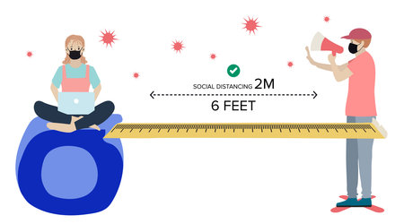 Social distancing, keep distance with people in public places to stop spreading COVID-19 coronavirus concept. Flat vector illustration.のイラスト素材