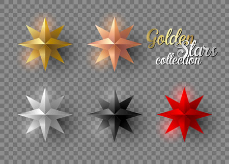 Set of gold stars with shadow on transparent background. New year and Christmas design elements, vector illustration.のイラスト素材