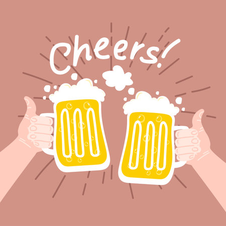 Flat isolated vector illustration of drinking beers, cheers, party. Two friend are drinking beersのイラスト素材