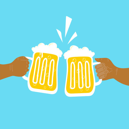 Flat isolated vector illustration of drinking beers, cheers, party. Two friend are drinking beersのイラスト素材