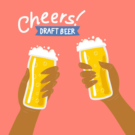 Flat isolated vector illustration of drinking beers, cheers, party. Two friend are drinking beersのイラスト素材