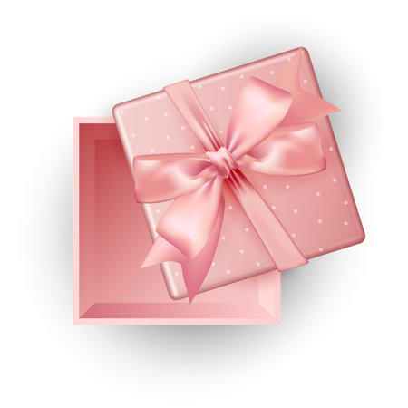Open pink gift box top view white background, vector illustration.のイラスト素材