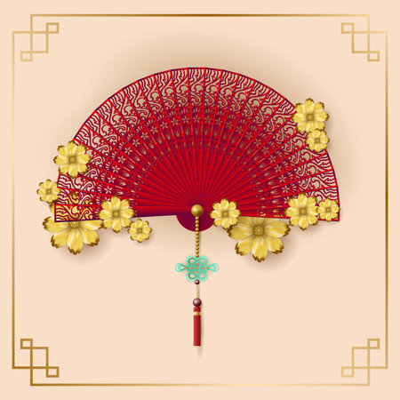 Chinese fan on yellow background. vector illustrationのイラスト素材