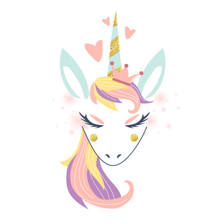White unicorn vector head with mane and horn on starry background.のイラスト素材