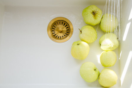 Green Antonovka apples washed in sink. Farm fruit in bright kitchen.の写真素材
