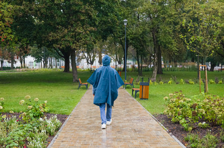 Man in blue raincoat walking in green autumn park in cloudy rainy weatherの写真素材