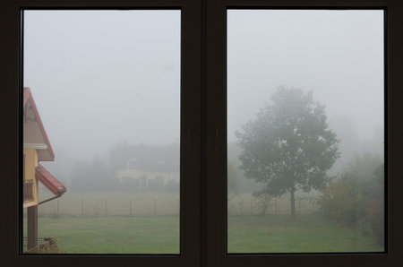 Foggy grey morning view through window with lawn, trees and house in mistの写真素材