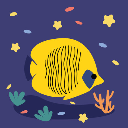 Yellow cute exotic fish swims in the aquarium. A striped fish on the seabed hides in corals. Fish poster, education for children. Vector illustrationのイラスト素材
