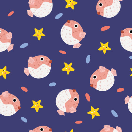 Cheerful seamless pattern with fish hedgehog and starfish on a blue background. Textile, print on clothes. Vector illustration in flat styleのイラスト素材