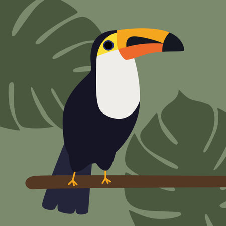 Cute toucan sits on a branch on a green background. Vector illustration. Vector illustrationのイラスト素材