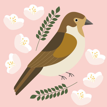 A cute sparrow surrounded by flowers on a pink background. Flora and fauna in nature. Vector illustration of vitage.のイラスト素材