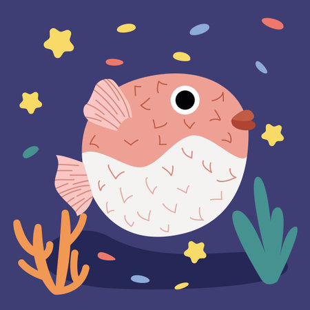 Pink round hedgehog fish with spines. Fish with needles. Ocean dwellers and fish in corals and algae. Vector flat illustration. Teaching and educating children.のイラスト素材