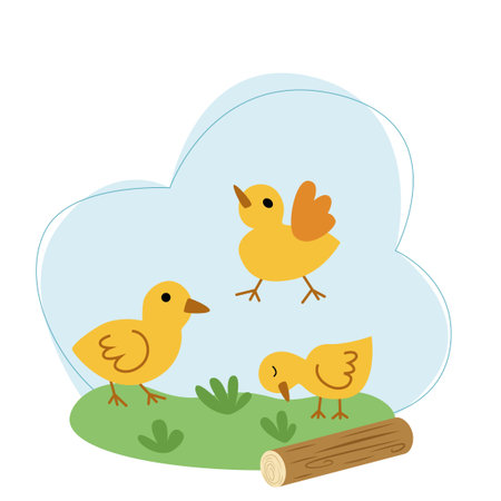 Vector illustration with yellow chicks on a background of sky and grass in flat style.のイラスト素材