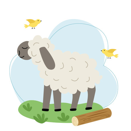 Vector illustration with a curly lamb against the sky and grass in the style of flat.のイラスト素材
