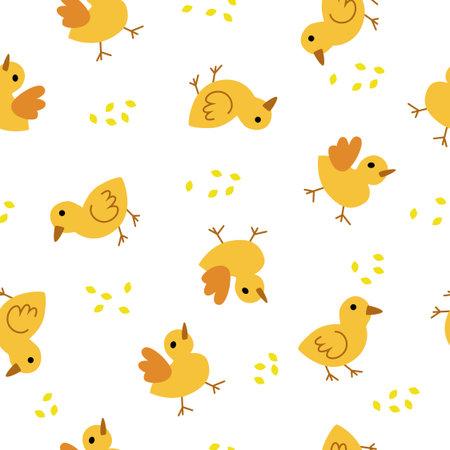 Seamless pattern with yellow chickens and grain on a white background. Print, wallpaper, textile, background. Vector flat illustration.のイラスト素材