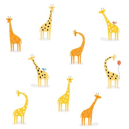 Vector set of cute drawn giraffes. African orange, yellow giraffe in various poses. Family of giraffes. Easy giraffe pattern. Coloring, textiles, wallpaper, cartoon. home decor.のイラスト素材