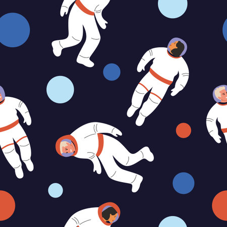 Seamless pattern with astronauts, man and woman who fly in space with planets. Galaxy, science, space, education, technology. Vector illustration and games for children, textiles, wallpaper.のイラスト素材