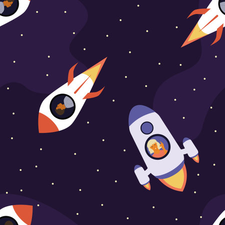 Seamless pattern with rockets flying in space. Galaxy, science, space, education, technology. Vector illustration and games for children, textiles, wallpaper.のイラスト素材