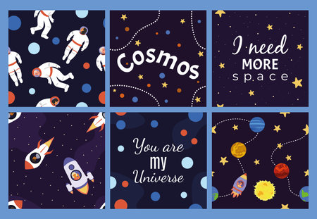 Set of posters with astronauts and cosmonauts, stars and planets, rockets and galaxy. Vector illustration. Print, parterre, lettering, wallpaper.のイラスト素材