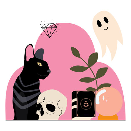 Kind banner for halloween with a pink background of witch supplies. A black cat sits near a white skull, a black magic book with spells, a pink magic ball, a white ghost flies over them.のイラスト素材