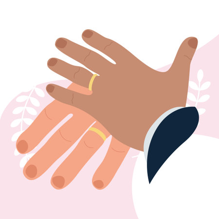 Hands of a husband and wife who trained and put on wedding ringsのイラスト素材