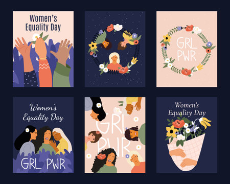 Women Equality Day. Fight for equality, freedom, independence. Vector illustrations of posters and templates with women of different nationalities and cultures. National Women's Day.のイラスト素材