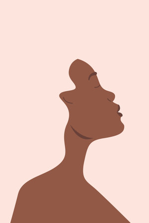 Postcard or poster with a beautiful dark-skinned woman with pink hair. Modern wallpaper or background for a screensaver. Vector illustration.のイラスト素材