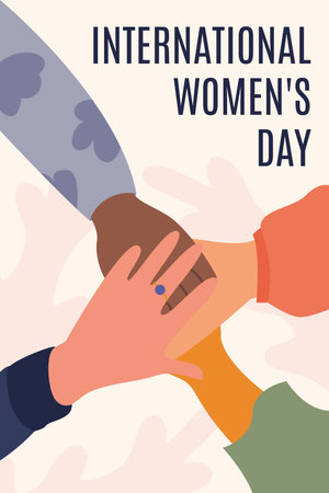 Four female hands are joined together to fight for women's rights. Vector illustration of female strength and sisterhood. Women's Equality Day and March 8th. Poster, template or wallpaper.のイラスト素材