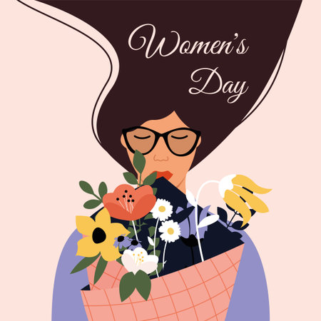 A woman in glasses with long hair holds a bouquet of flowers. Congratulations on March 8 or women's equality day. Greeting card, wallpaper, template. Vector illustration.のイラスト素材
