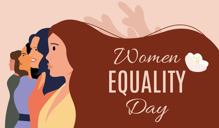 Congratulatory banner for women's day of equality. Women with long hair are fighting for their rights. Greeting card, banner, template. Vector illustration.のイラスト素材