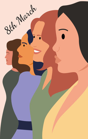 Greeting card or poster for March 8 with women of different nationalities and cultures. Equality women's day or happy women's day. Vector flat illustration.のイラスト素材