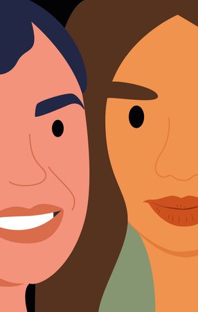 Halves of two female faces. Equality women's day or happy women's day. Sisterhood, friendship, equality. Vector illustration.のイラスト素材
