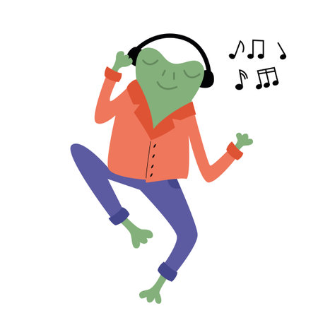 Cheerful green frog listens to music with headphones and dances. Musician, singer, sheet music. Vector flat illustration.のイラスト素材