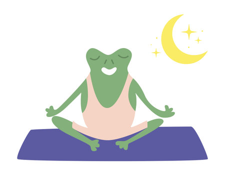 An athletic green toad in an athletic uniform meditates on a rug. Vector flat illustration.のイラスト素材