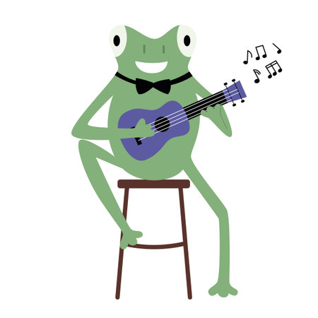 A cute green frog sits on a chair and plays the ukulele. Musician, singer, sheet music. Vector flat illustration.のイラスト素材