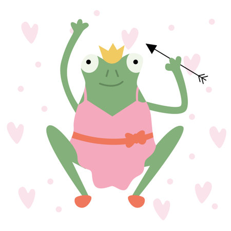Cartoon green princess frog in a pink dress with a crown and an arrow. Vector flat illustration.のイラスト素材