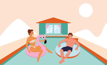 A couple on a date in the pool with a house against the backdrop of mountains.