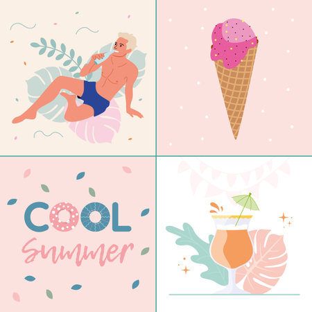 Vector collage for summer vacation on the beach. A man on vacation with ice cream and a cocktail.のイラスト素材
