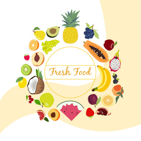 Set of vector vegetables, fruits and berries collected in a circle. Coconut, strawberry pineapple, potato, tomato, garlic, orange, watermelon, pear, plum, papaya, raspberry, banana, lemon, grapesのイラスト素材